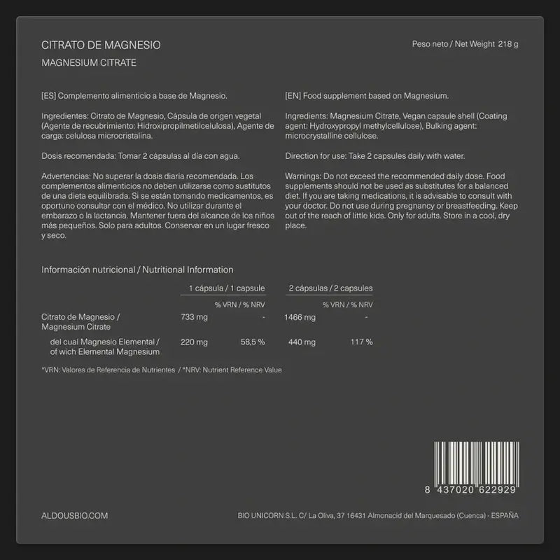 Aldous Bio Magnesiumcitrat, 250 Kapseln