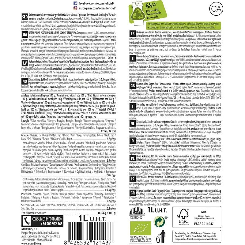 Ecomil Kokosnuss Natur Bio, Packung 1 L x 12 Stück.