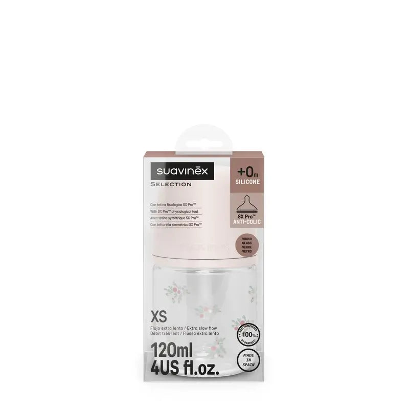 Suavinex Babyflasche Glas 120 ml, Slow Flow (S), +0 Monate, Rosa Poesie