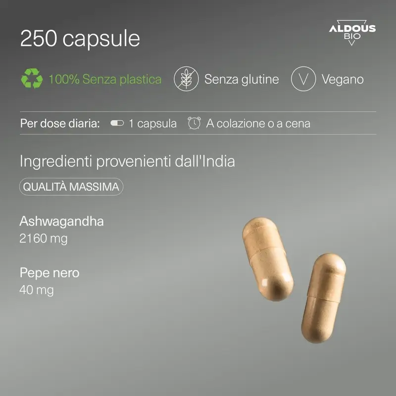 Aldous Bio Ashwagandha-Wurzel mit schwarzem Pfeffer, 250 Kapseln