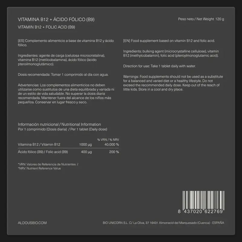 Aldous Bio Vitamin B12 mit Folsäure, 400 Tabletten