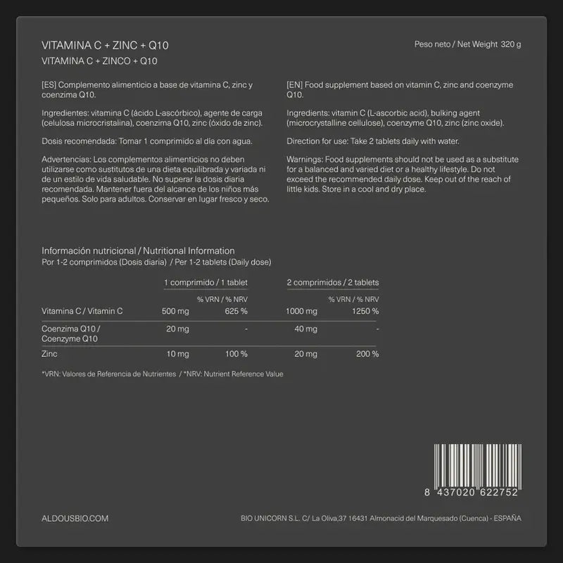 Aldous Bio Vitamin C mit Zink und Coenzym Q10, 400 Tabletten