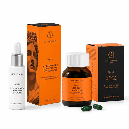 Arturo Alba Set „Antioxidans und Strahlkraft“ mit SOD und Ferulasäure, 30 ml + Chronos Aeternum, 60 Kapseln
