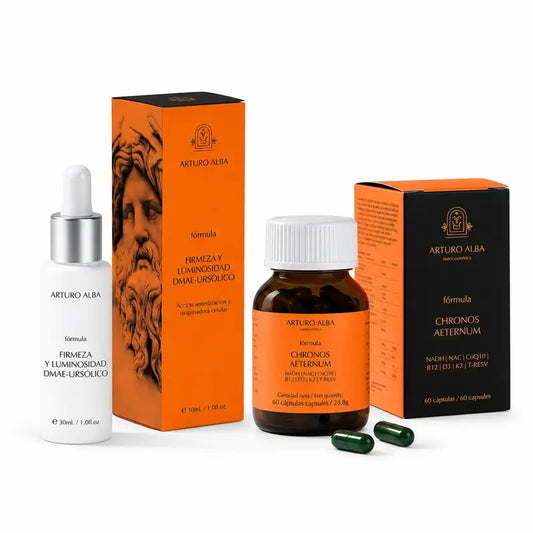 Arturo Alba Set „Straffheit und Ausstrahlung“ mit DMAE und Ursolsäure, 30 ml + Chronos Aeternum, 60 Kapseln