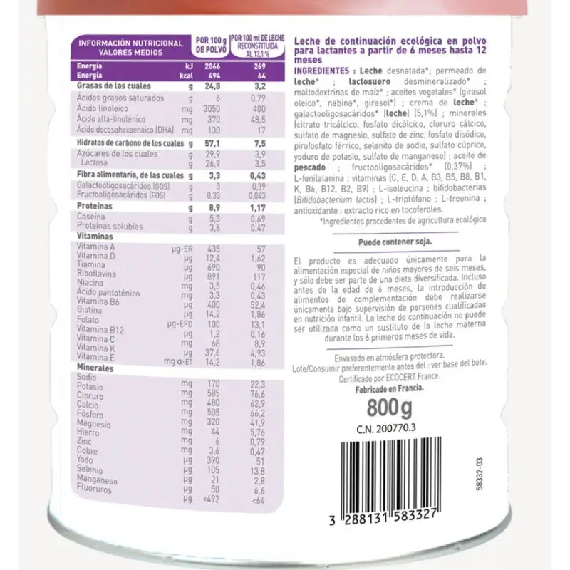 Babybio Optima 2 Kuhmilch 6-12 Monate, Packung 8 x 800 Gramm