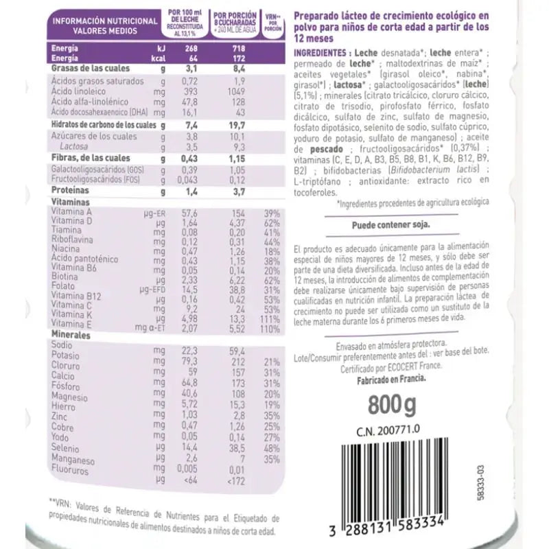 Babybio Optima 3 Kuhmilch 12-36 Monate, Packung 4 x 800 Gramm