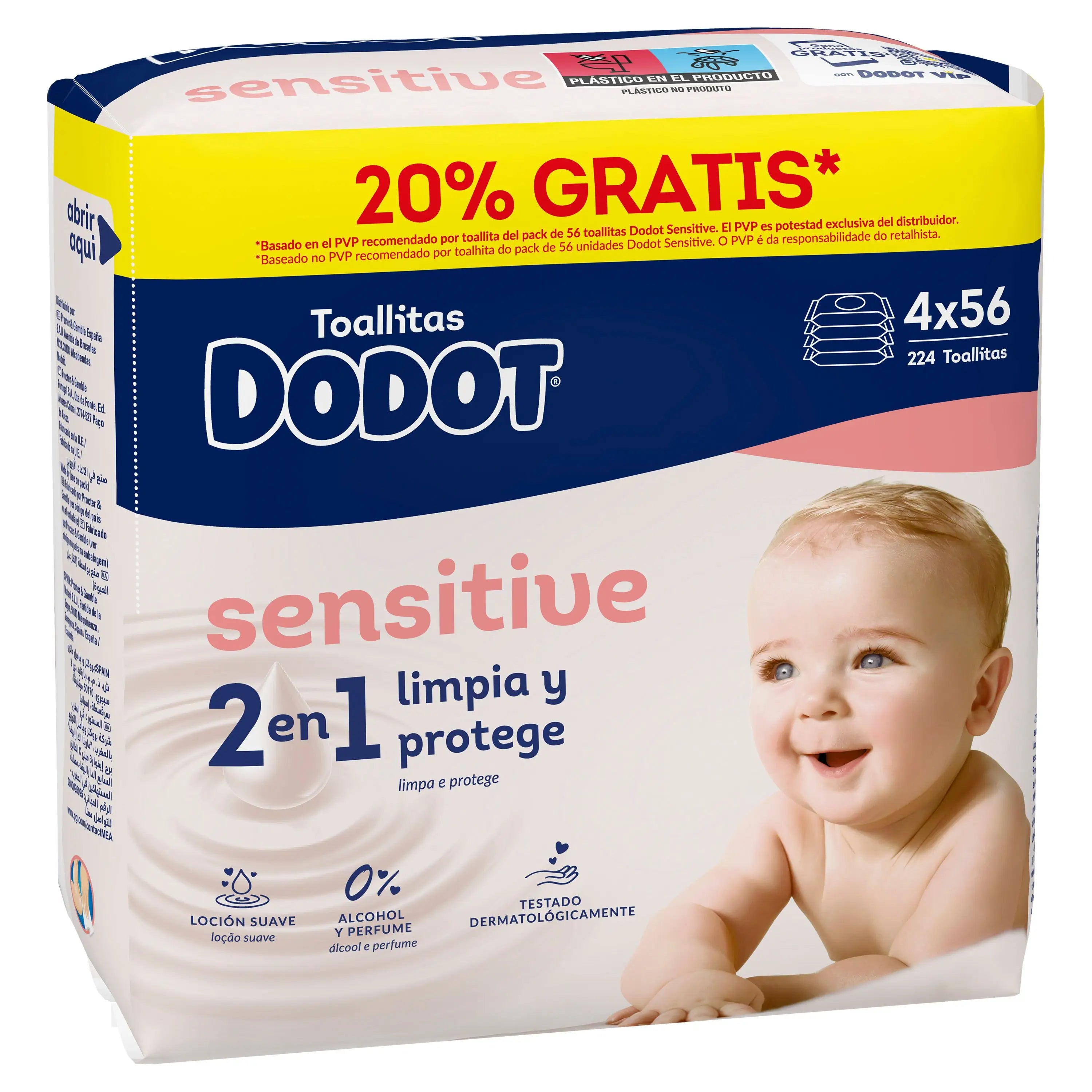 Dodot Sensitive Wischtücher, 4x56, 224 Stück (20% FREE)