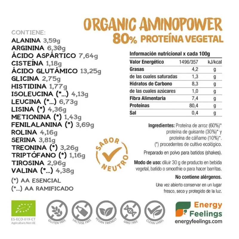Energy Feelings Bio Aminopower 80% Neutral 500Gr. Eco Vegan Sg