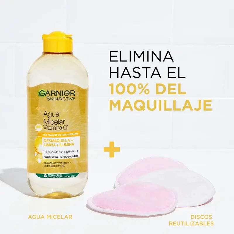 Garnier Vitamin C Micellar Water reinigt, entfernt Make-up und hellt fahle Haut auf. Hypoallergene Formel -400Ml