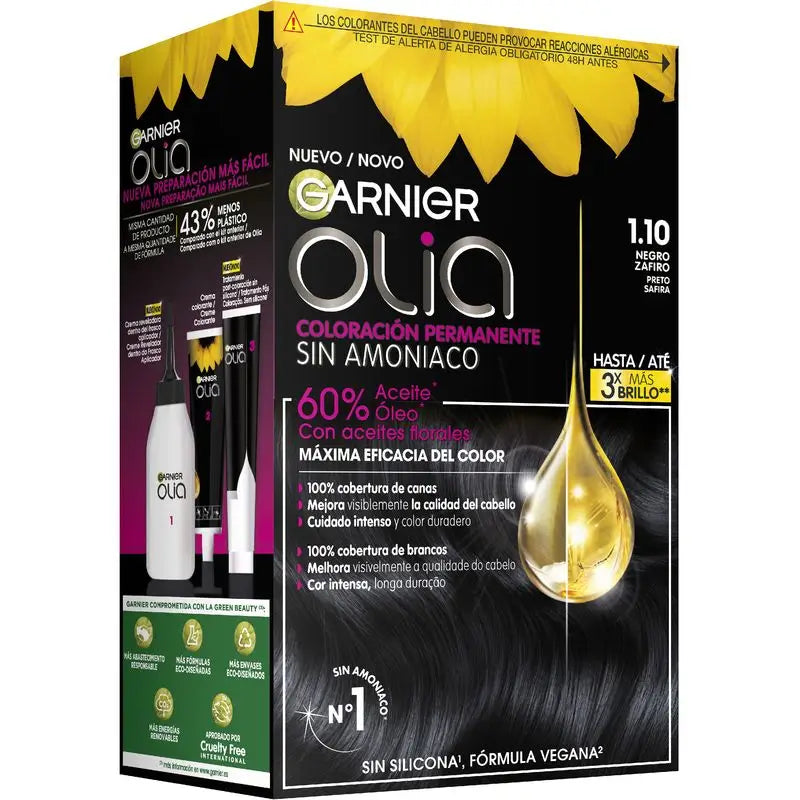 Garnier Olia Permanent Colouring Ammoniakfrei, angenehm duftend mit natürlichen Blumenölen - Saphirschwarz 1.1