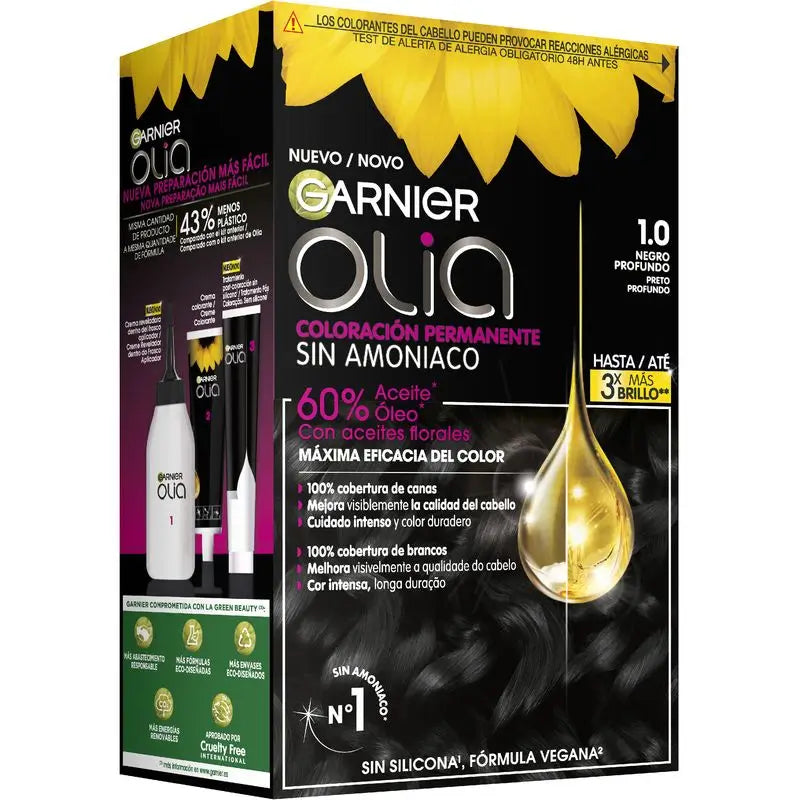 Garnier Olia permanente Färbung ohne Ammoniak für einen angenehmen Geruch mit natürlichen Blumenölen - Ebony Black 1.0