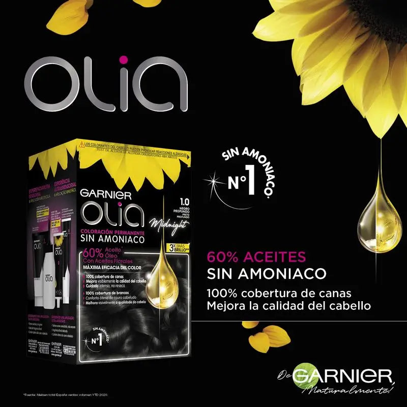 Garnier Olia permanente Färbung ohne Ammoniak für einen angenehmen Geruch mit natürlichen Blumenölen - Ebony Black 1.0