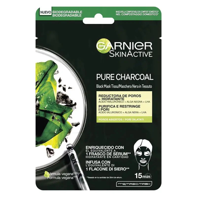 Garnier Skin Active Black Tissue Mask mit Schwarzalgenextrakt und Hyaluronsäure für Haut mit vergrößerten Poren