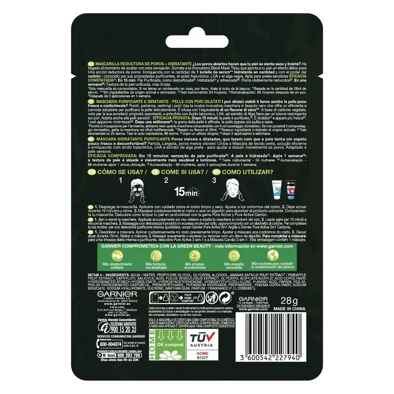 Garnier Skin Active Black Tissue Mask mit Schwarzalgenextrakt und Hyaluronsäure für Haut mit vergrößerten Poren