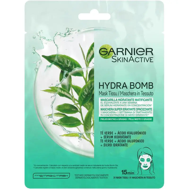 Garnier Skin Active Mask Tissu Hydra Bomb feuchtigkeitsspendende, mattierende Stoffmaske mit Hyaluronsäure und grünem Tee