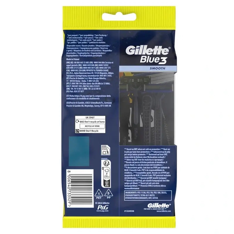 Gillette Blue3 Smooth 8+4 Einwegrasierer für Männer 40° schwenkbarer Kopf & Gleitstreifen , 12 Stück.