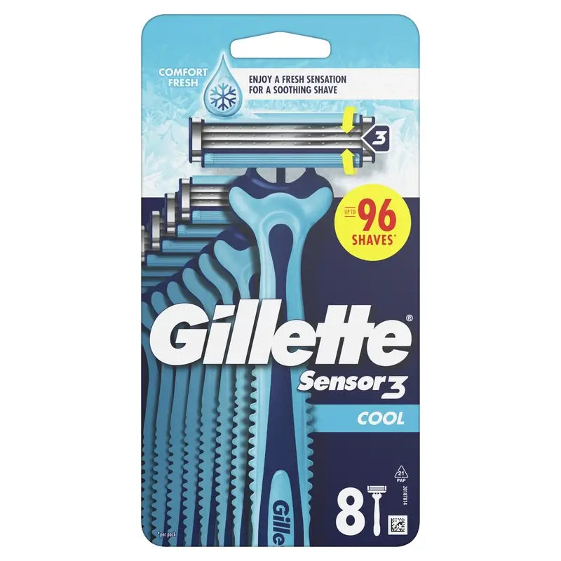 Gillette Sensor3 Cool Einwegrasierer für Männer Eukalyptus-Gleitstreifen, 8 Stück.