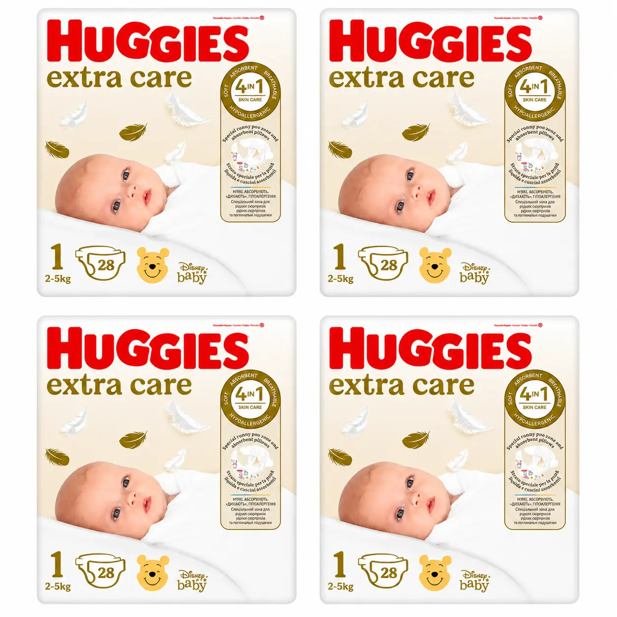 Huggies Extra Care Größe 1 (2-5 kg) Disney Baby Windel, 28 Stück, Packung 4