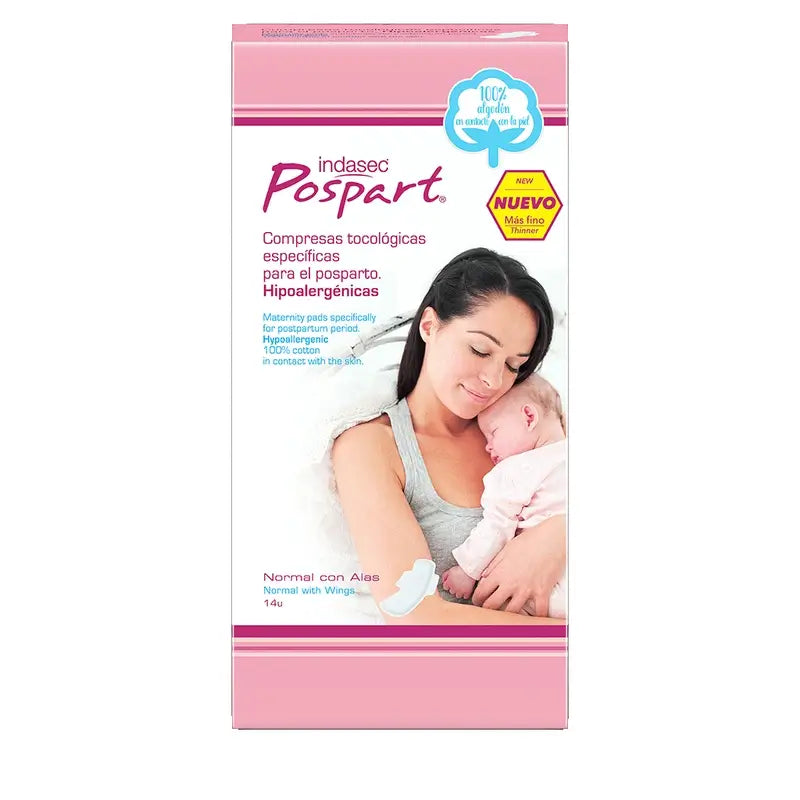 Indasec Pospart Normal Baumwolle Pads mit Flügeln , 14 Einheiten