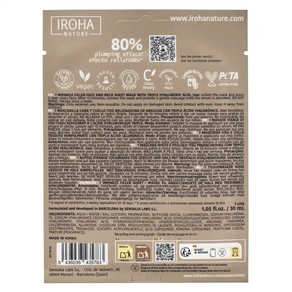 Iroha Nature Dreifach-Hyaluronsäure-Faltenfüller Gesichts- und Halsgewebemaske, 30 ml