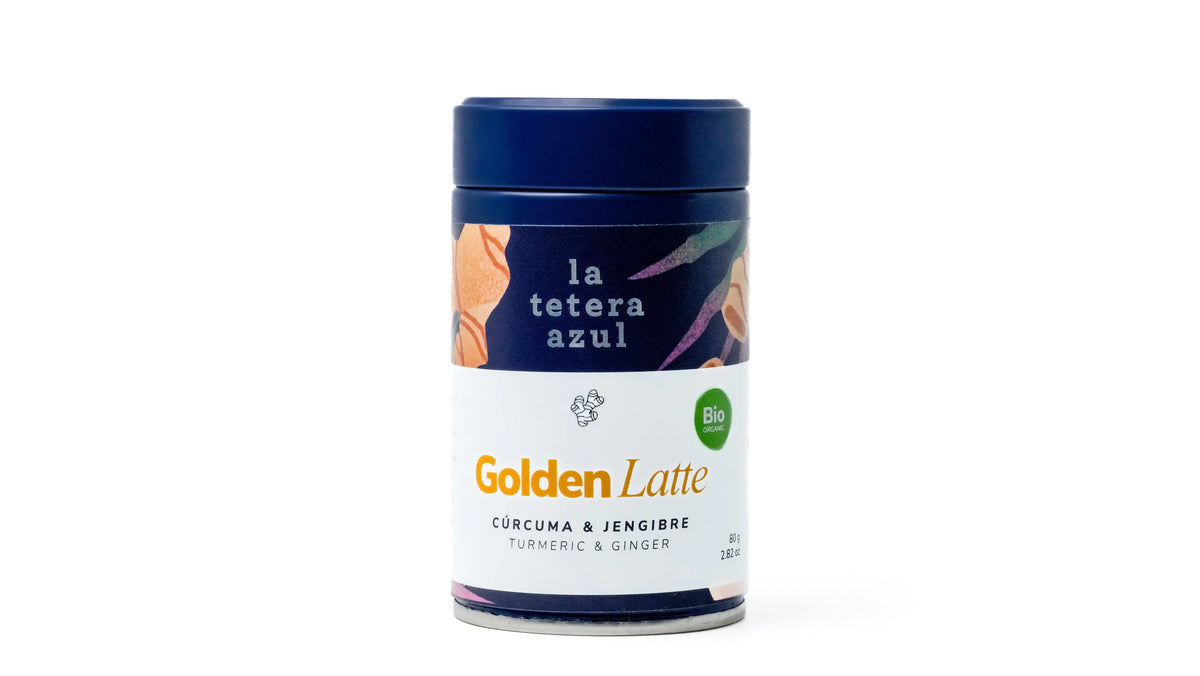 La Tetera Azul Golden Latte 100% Bio, Kurkuma Latte mit Ingwer, Zimt und Kardamom, Gourmet Antioxidantien Infusion 80g Topf.