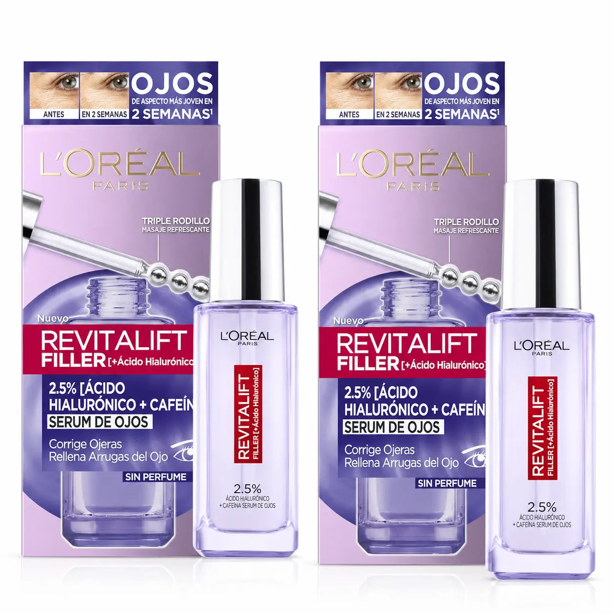 L'Oréal Paris Revitalift Filler Augenserum: 2,5% Hyaluronsäure & Koffein, Dreifach-Roll-On, Packung 2