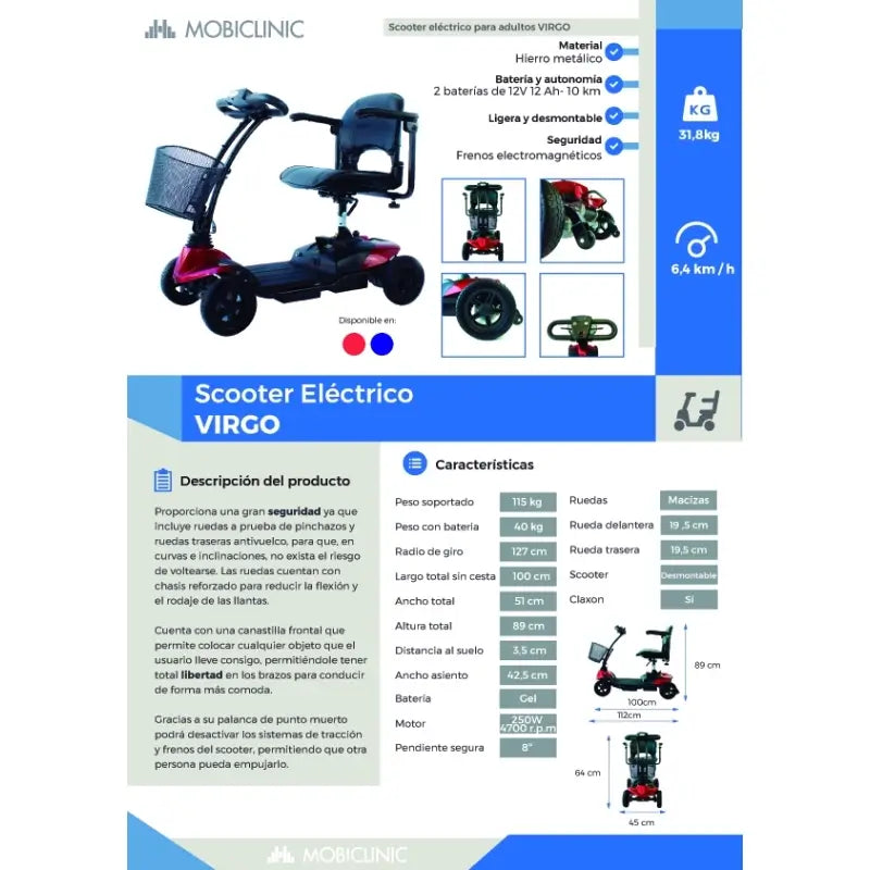 Mobiclinic Mobility Scooter Eingeschränkte Mobilität - Auton. 10 Km - 4 Räder - Kompakt & abnehmbar - 12Ah - 250W - Virgo - Mobiclinic