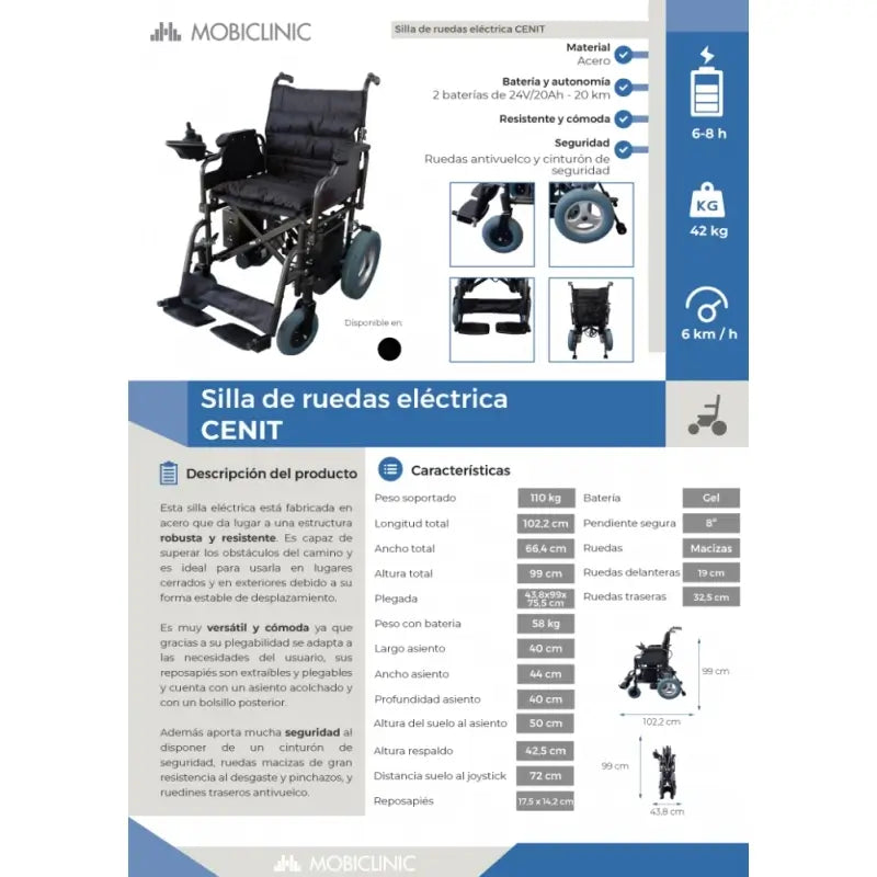 Mobiclinic Faltbarer Elektro-Rollstuhl - Auton. 20 Km - 20Ah - Motor - Stahl - Schwarz - Cenit