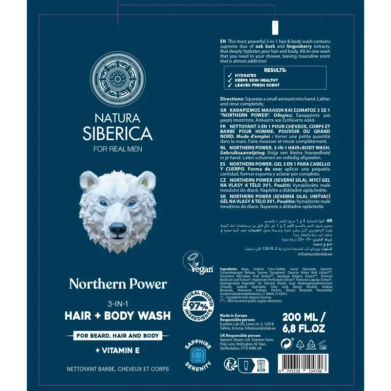 Natura Siberica Männer Wild Arctic. 3 in 1 Haar-, Körper- & Gesichtsgel, 200 ml