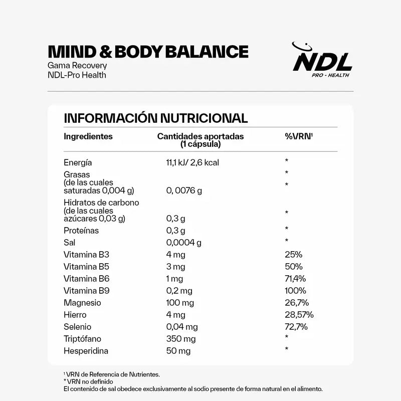 NDL Pro-Health Mind & Body Balance, Tryptophan mit Magnesium und Vitamin B6, 30 Kapseln