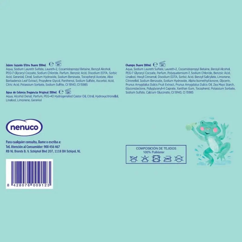 Nenuco Baby Pack Babytrage Frosch, mit Kölnisch Wasser, Seife und Shampoo, 3x200ml