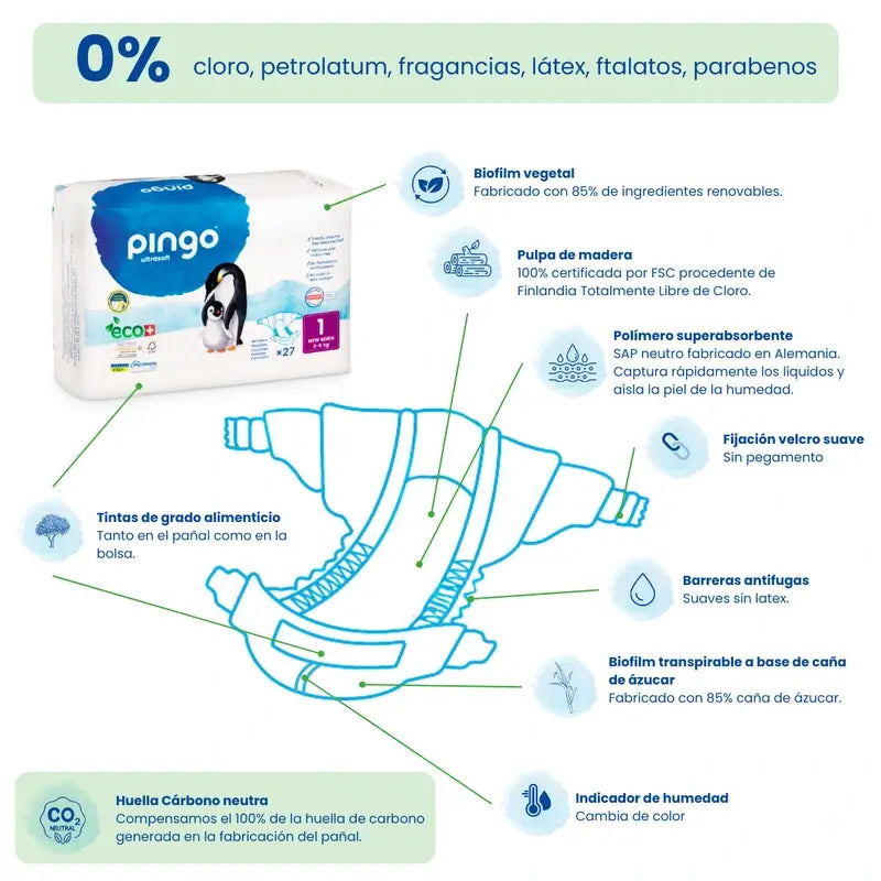 Pingo New Born Ökologische Windel Größe 1, Packung 4 X 27 Stück.