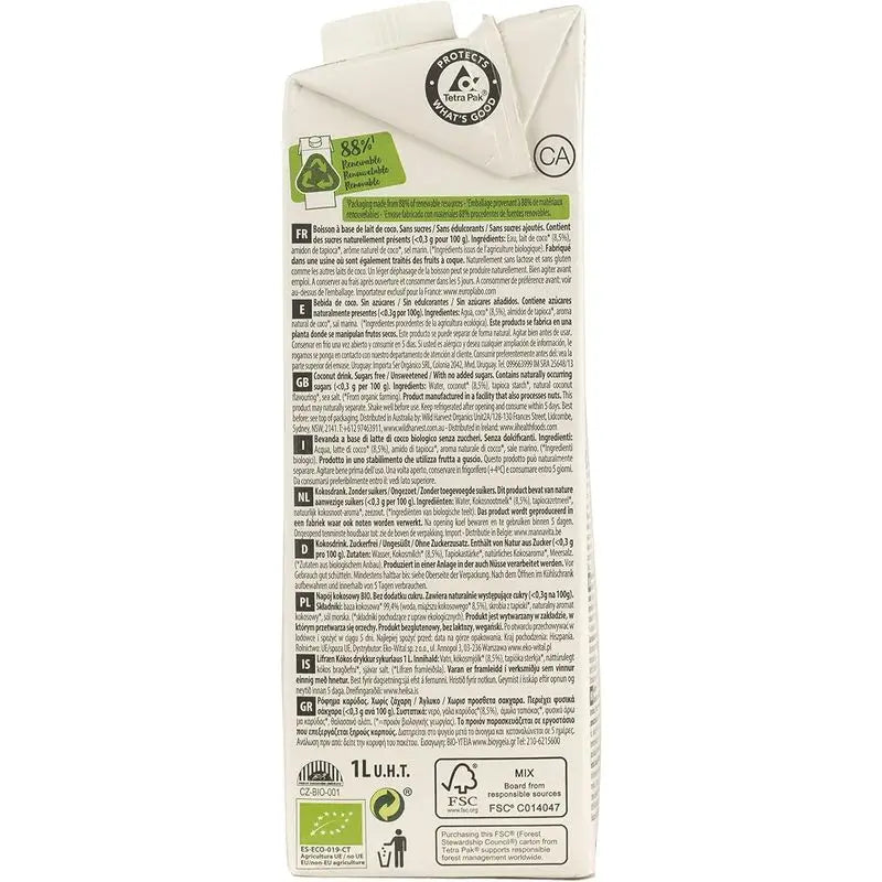 Ecomil Kokosnuss Natur Bio, Packung 1 L x 6 Einheiten