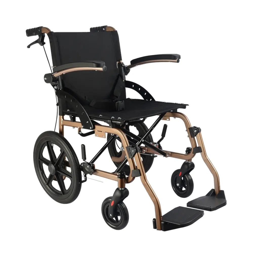 Aluminium-Transportrollstuhl, klappbare Armlehnen, goldfarben