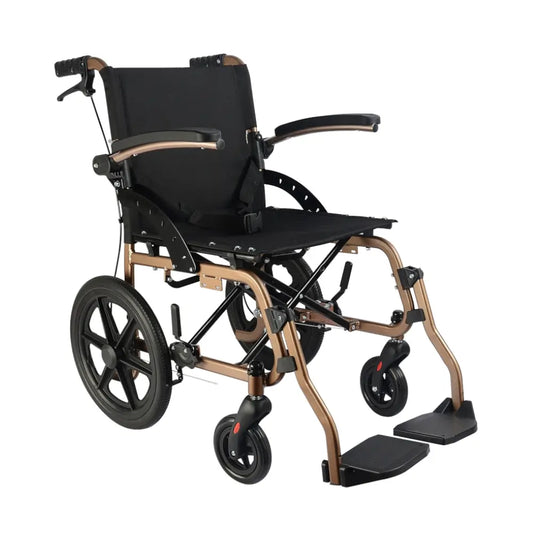 Aluminium-Transportrollstuhl, klappbare Armlehnen, goldfarben