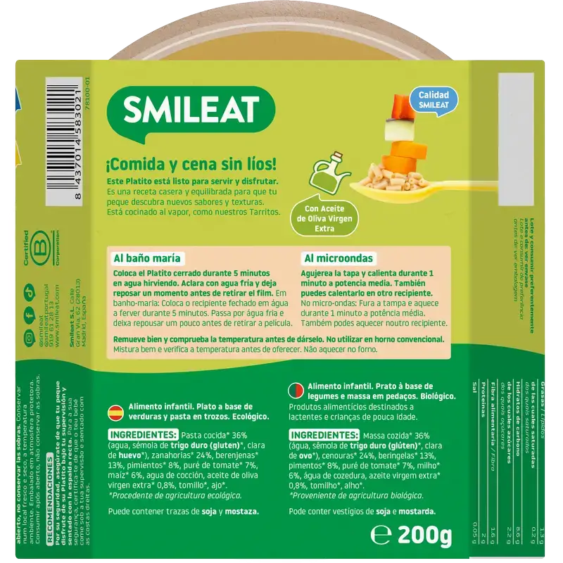 Smileat Kleiner Teller Makkaroni mit Gemüse aus dem Garten Eco, 200 g