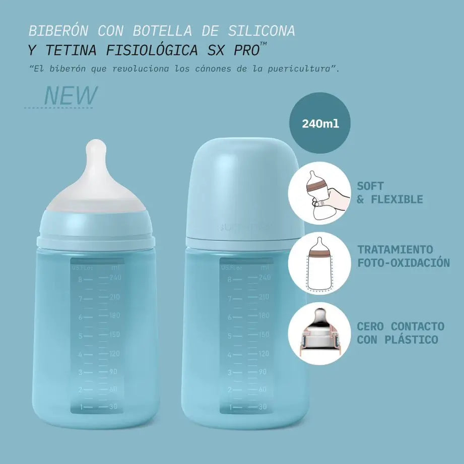 Suavinex Babyflasche mit Silikonflasche 240 ml, Physiologischer Sauger Sx Pro, Medium Flow (M). +3 Monate. Farbe Essenz, Nackt
