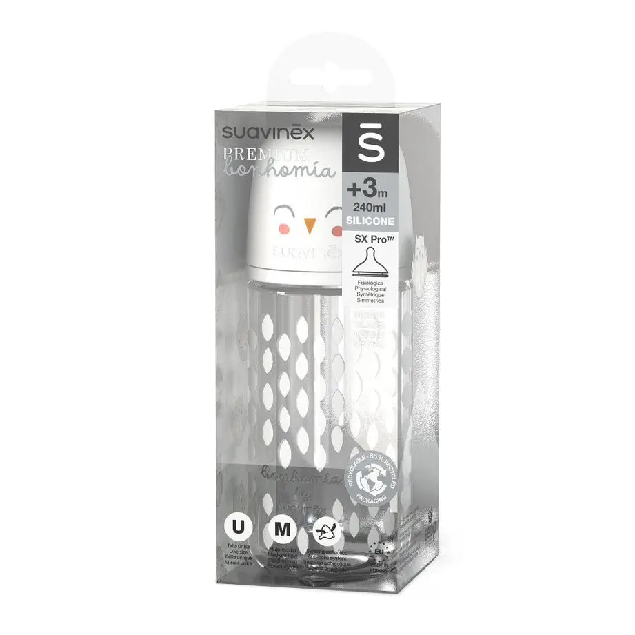 Suavinex Glasflasche 240 Ml. Sx Pro Physiologischer Silikonsauger. Medium Flow Flasche. +3 Monate. Bonhomia, Beige