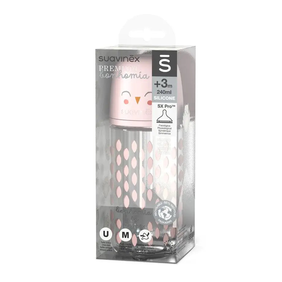 Suavinex Glasflasche 240 Ml. Sx Pro Physiologischer Silikonsauger. Medium Flow Flasche. +3 Monate. Bonhomia, Rosa