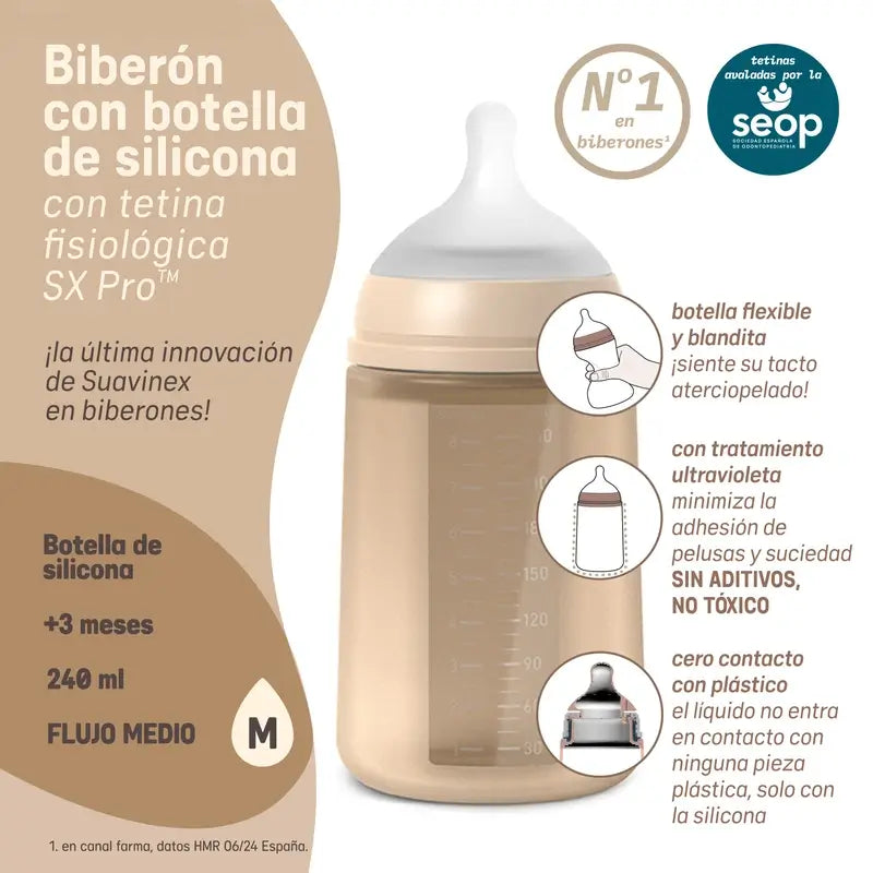 Suavinex Silikonflasche 240 ml, mittlerer Durchfluss (M), +3 Monate, Limette