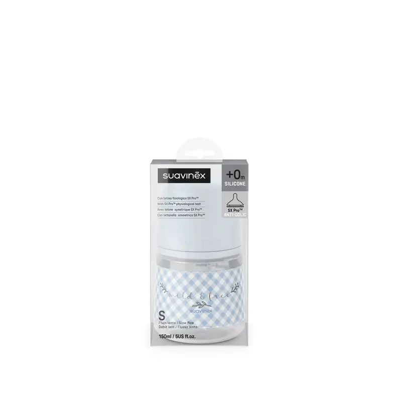 Suavinex Trinkflasche Sauger Sx Pro Slow Flow (S) +0 Monate Wild&Free Blau, 150 ml