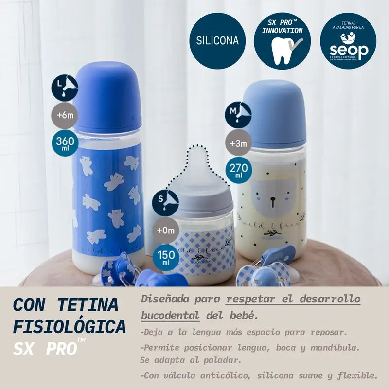 Suavinex Babyflaschensauger Sx Pro Medium Flow (M) +3 Monate Wild&Free Blau, 270 ml