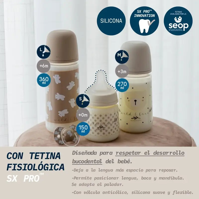 Suavinex Babyflaschensauger Sx Pro Medium Flow (M) +3 Monate Wild&Free Beige, 270 ml