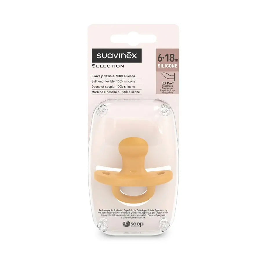 Suavinex Schnuller Vollsilikon, für Babys 6/18 Monate, Senf