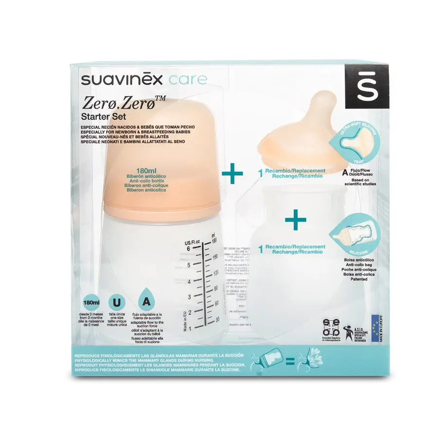 Suavinex Zero-Zero Flaschenset 180 ml, anpassbarer Durchfluss, mit Anti-Kolik-Nachfüllbeutel