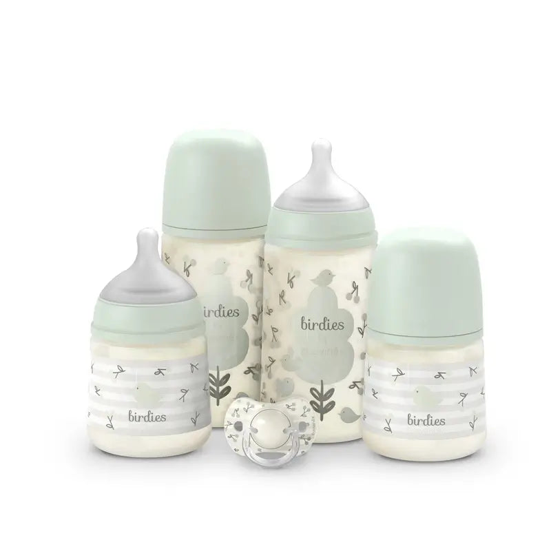 Suavinex Babyflaschen und Schnuller Geschenkset Rosa +0M Birdies Grün