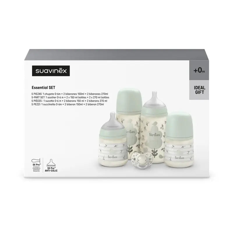 Suavinex Babyflaschen und Schnuller Geschenkset Rosa +0M Birdies Grün