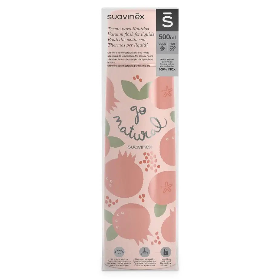 Suavinex Flüssigkeits-Thermoskanne für Baby. Thermoskanne aus Edelstahl. Für heiße und kalte Getränke. 500 ml. Koralle