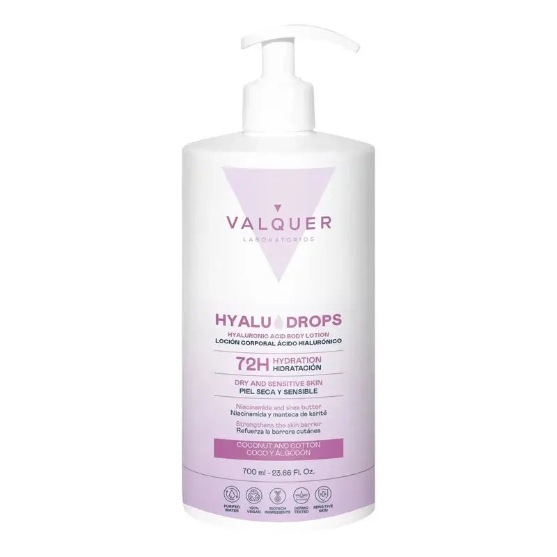 Valquer Hyaludrops Körperlotion mit Kokos und Baumwolle – 72 Stunden Feuchtigkeitsversorgung, 700 ml