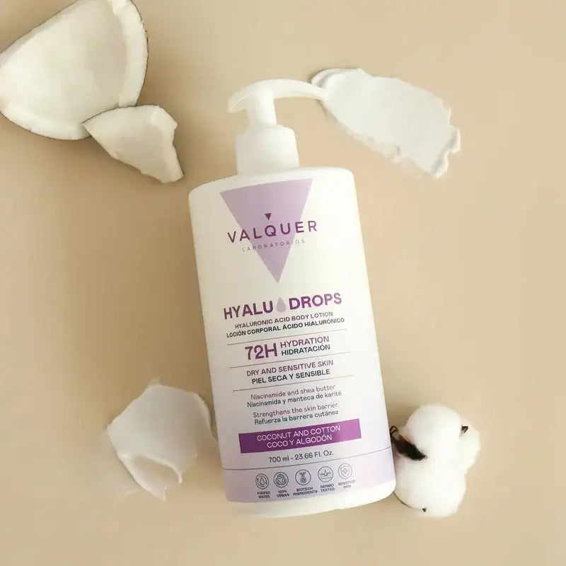 Valquer Hyaludrops Körperlotion mit Kokos und Baumwolle – 72 Stunden Feuchtigkeitsversorgung, 700 ml